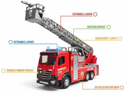 Red fire truck toy with extendable ladder, rotating bucket, and lights for 5-12 years old
