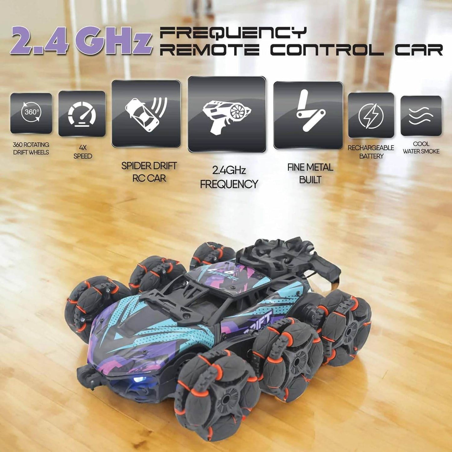 Remote control stunt car for kids with 360 rotating drift wheels and 4x speed featuring rechargeable battery