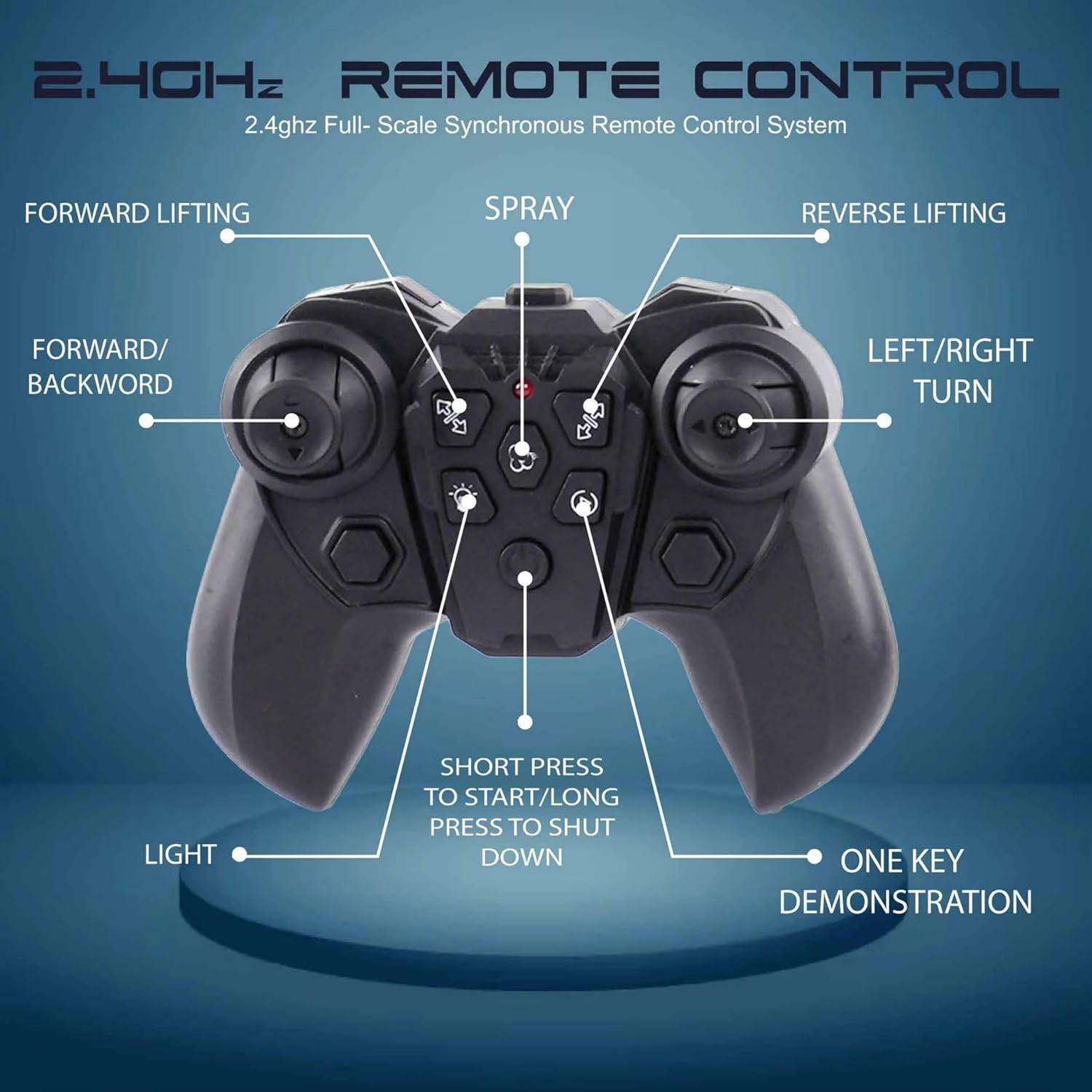 Black remote control with labeled buttons for remote control stunt car for kids features