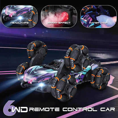 Remote control stunt car for kids with 6WD, headlamps, spray effect, and water tank features in black and purple