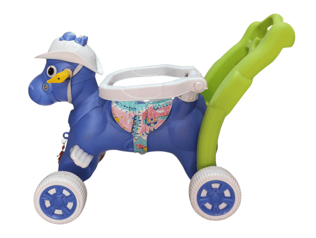 Blue ride-on toy horse with green handle for toddlers featuring a rider on a horse