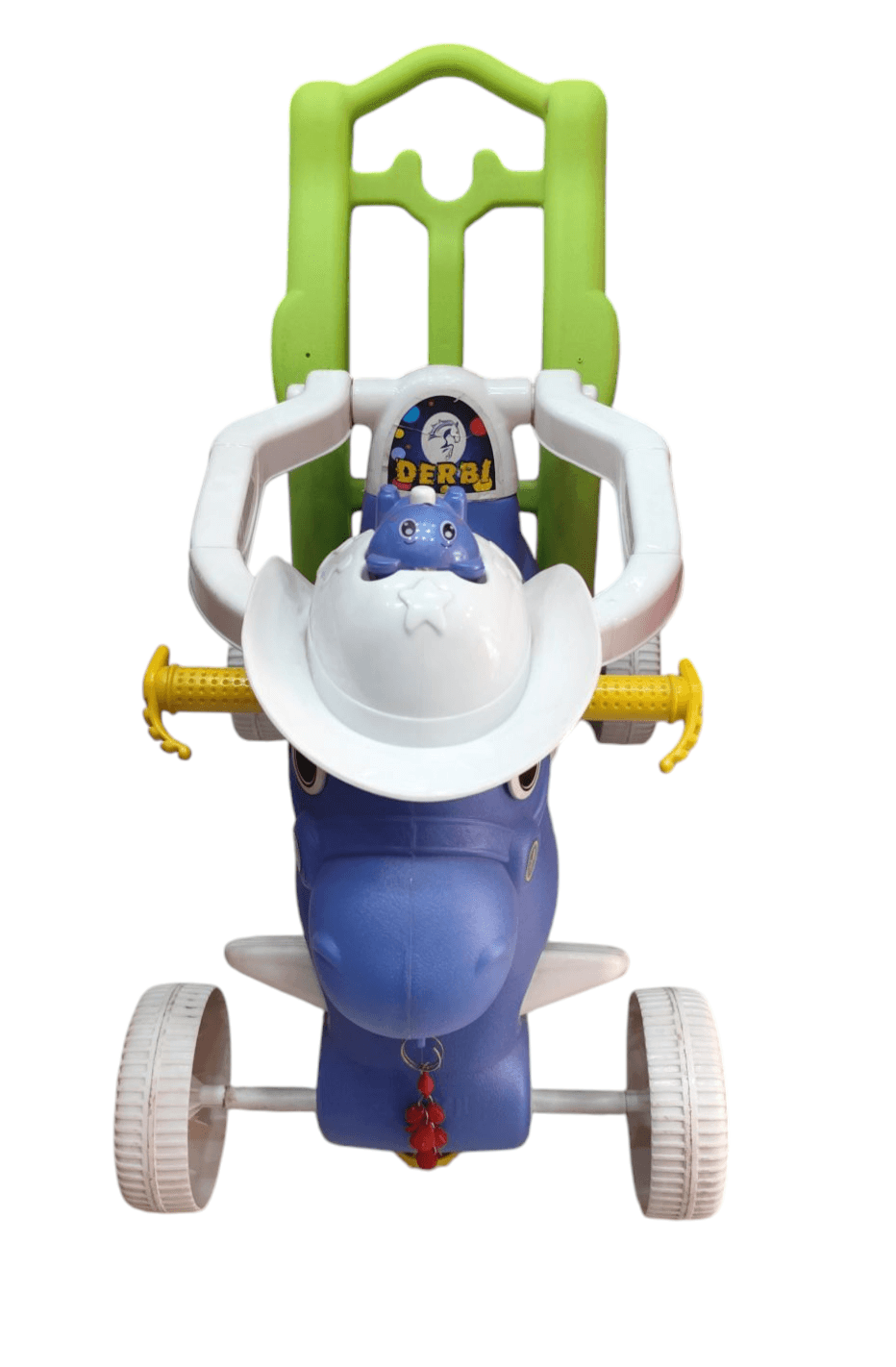 Blue horse ride-on toy with cowboy hat for toddlers, perfect for imaginative play