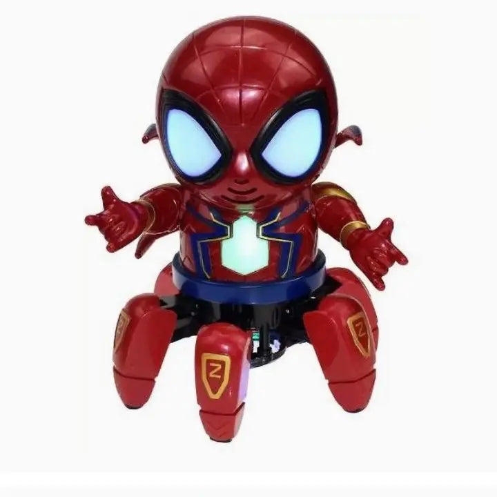 Red robot in toy shaped like a superhero, designed for ages 3 and up with light-up features