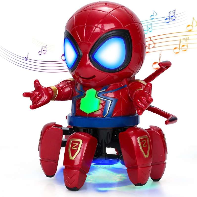 Red robotic Spider-Man toy with lights and music for kids aged 3-7 years, featuring fun dance actions