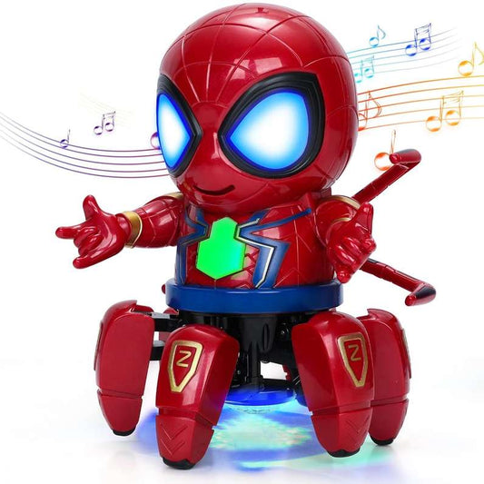 Red robotic Spider-Man toy with lights and music for kids aged 3-7 years, featuring fun dance actions