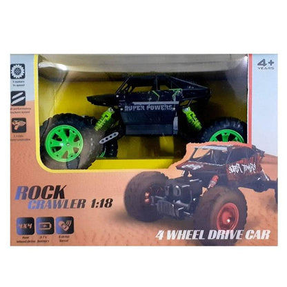 Rock crawler remote control car with 4 wheel drive and large green tires in packaging