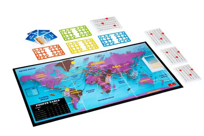 Folks work Route Air Travel board game with world map, route cards, and player tokens for strategic gameplay