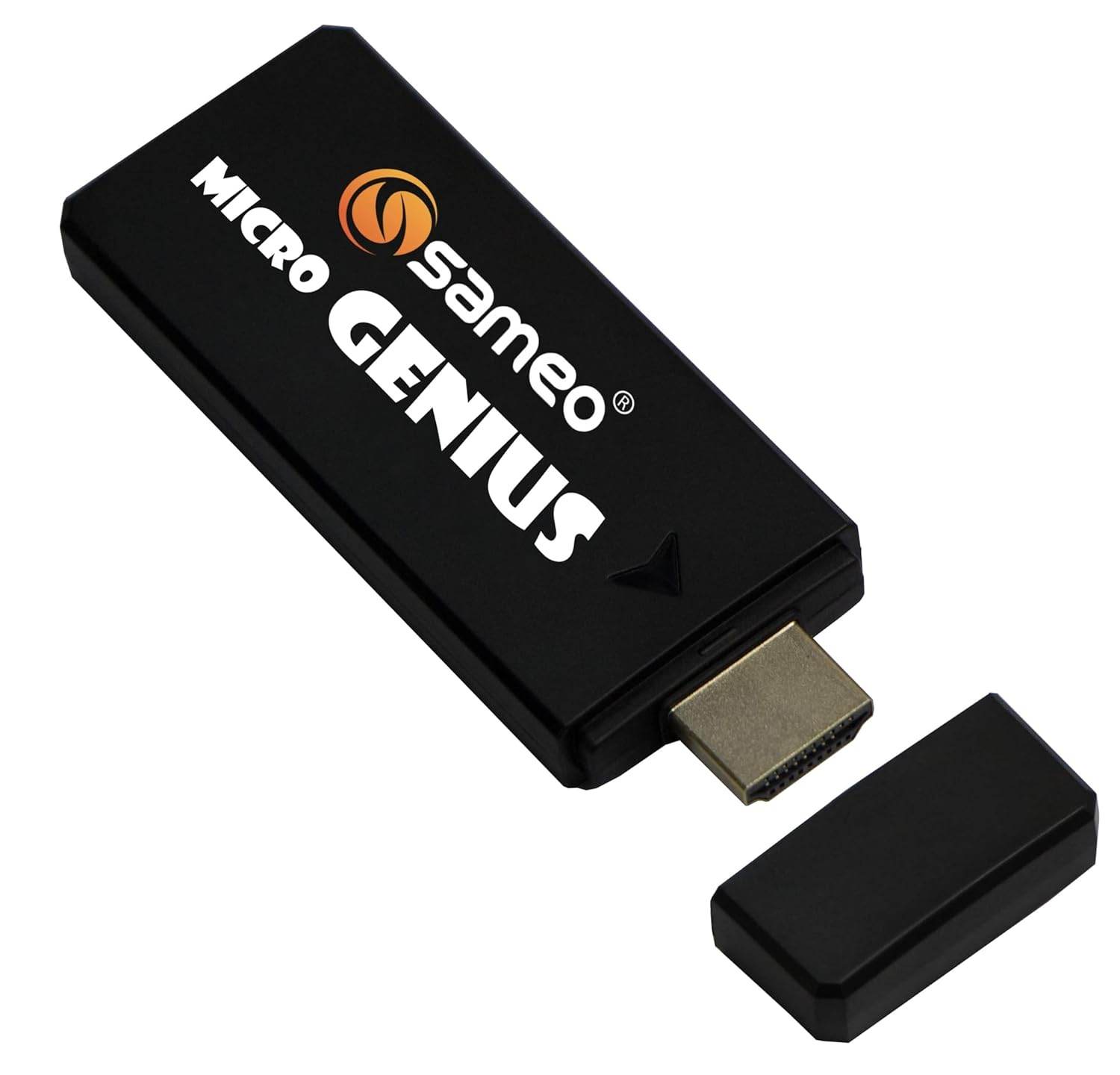 Sameo Micro Genius 8 bit HDMI gaming console for kids with compact black design and HDMI connector