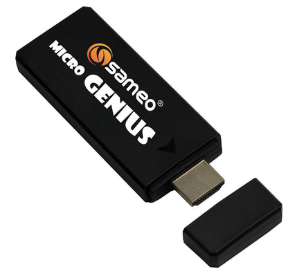 Sameo Micro Genius 8 bit HDMI gaming console for kids with compact black design and HDMI connector