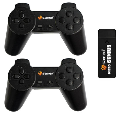 Sameo 8 bit HDMI gaming console for kids with two black wired controllers and compact game stick