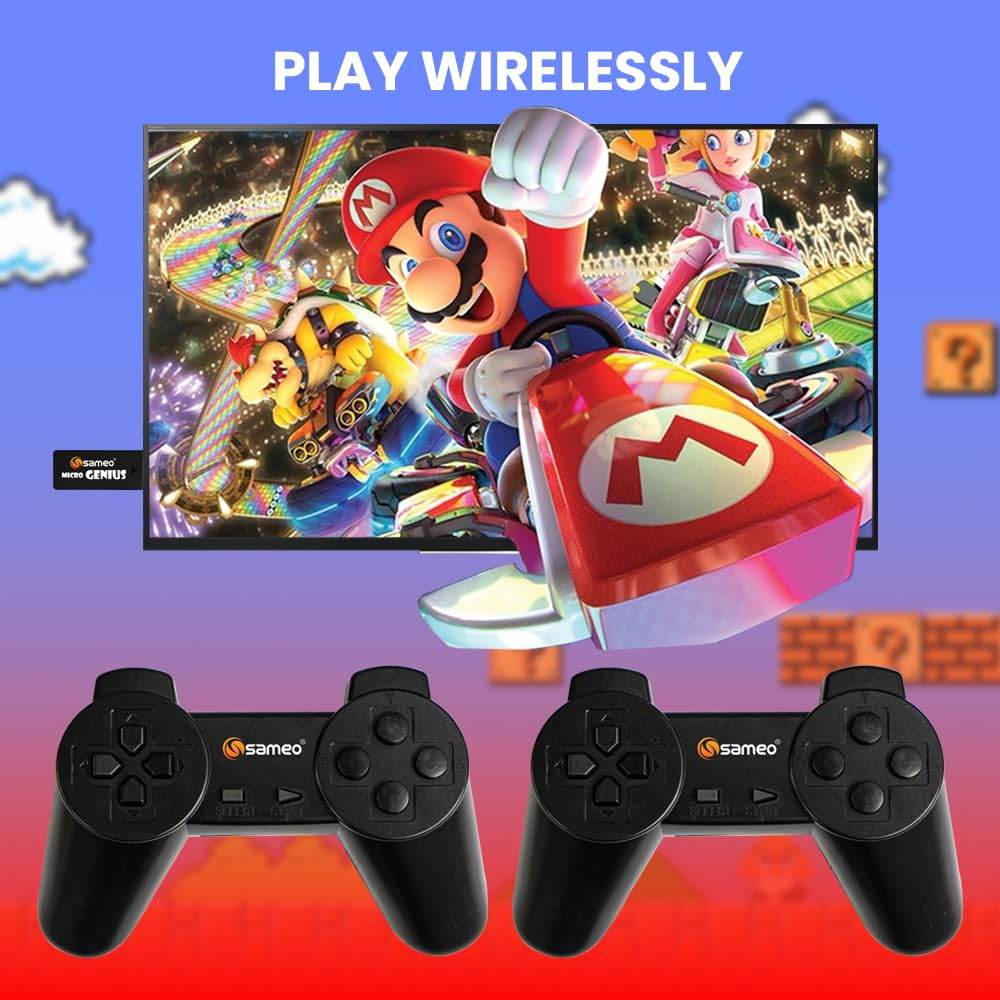 Sameo 8 bit HDMI gaming console for kids with two black wireless controllers and Mario Kart game display