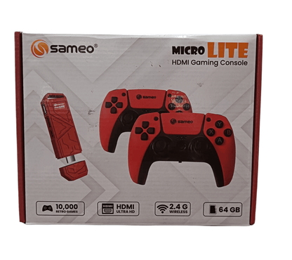 Sameo Micro Lite HDMI Gaming Console with two red controllers retro video game stick with 10000 games