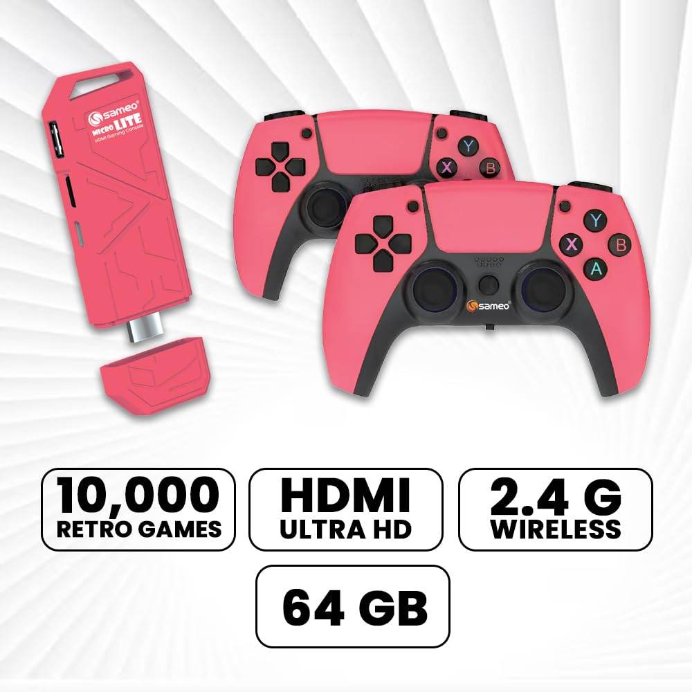 Retro video game stick with 10000 games including two wireless pink controllers and HDMI support