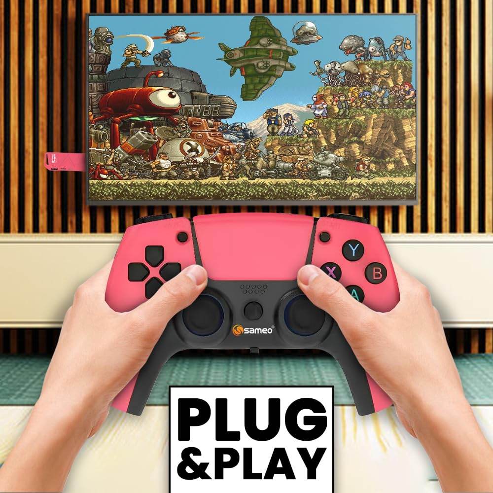 Hands holding a red and black game controller playing retro video game stick with 10000 games on screen