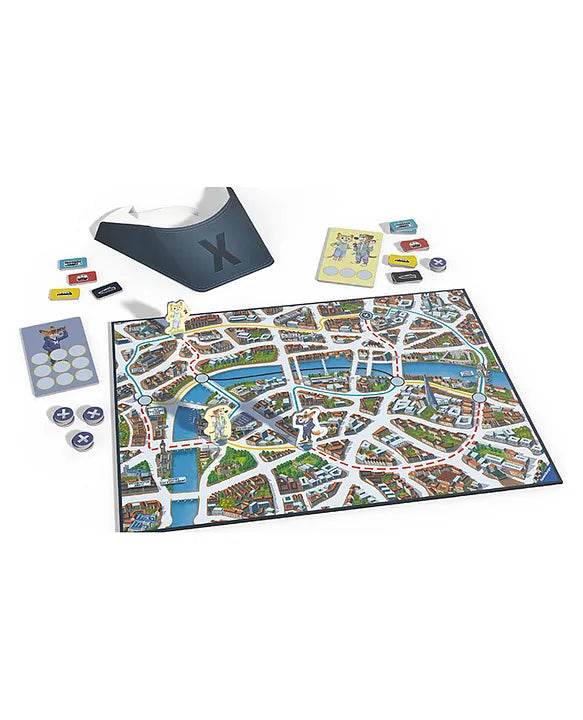 Scotland Yard board game with colorful city map, tokens, and detective cards for ages 12 and up