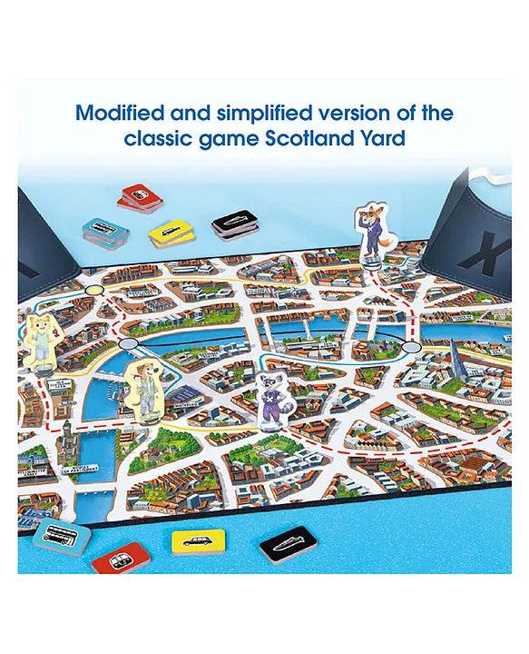 Modified Scotland Yard board game with colorful pieces for 7+ years, featuring a detailed city map