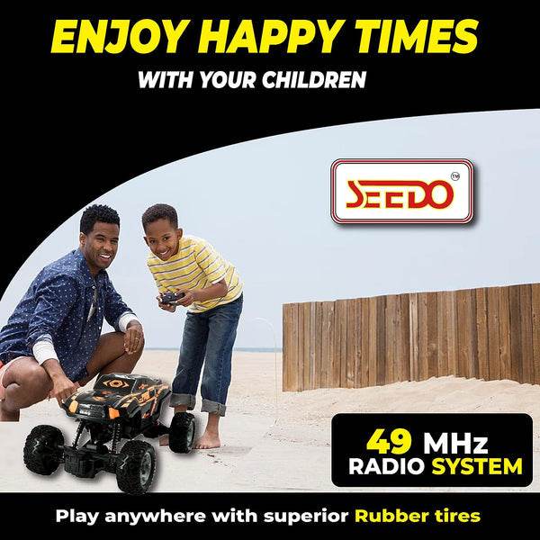 Seedo rechargeable remote control monster truck with 49 MHz radio system and rubber tires played by father and son on sandy beach