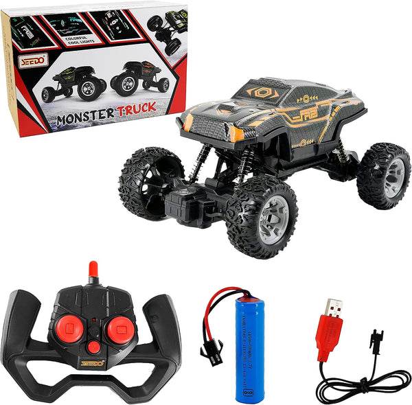 Seedo rechargeable remote control monster truck with remote, battery, and USB charger in black and orange