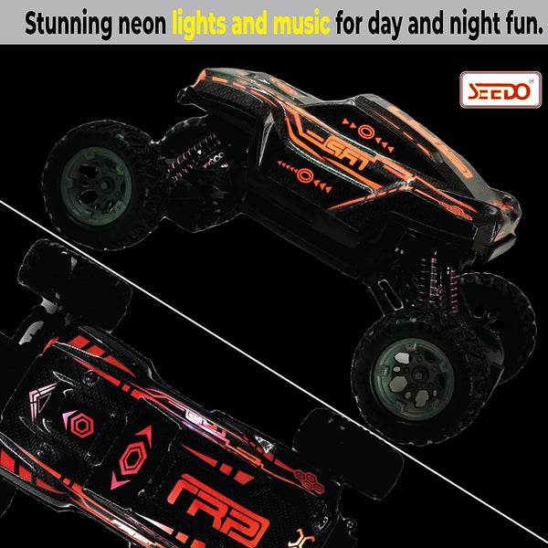 Seedo rechargeable remote control monster truck with neon lights and music for day and night fun