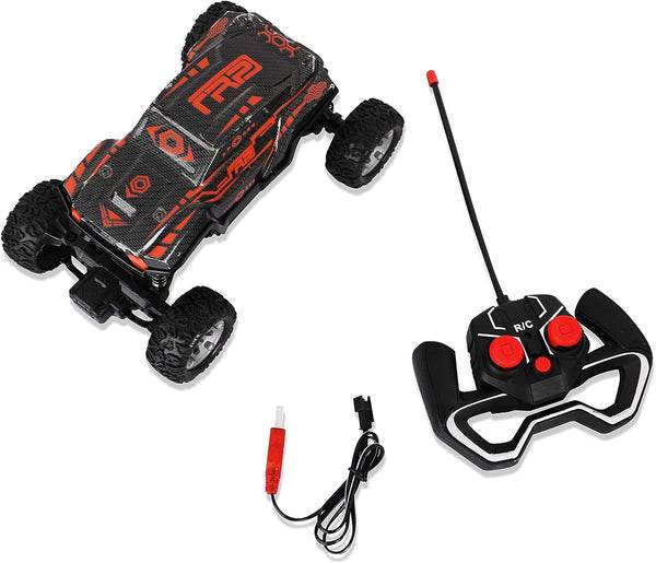 Seedo rechargeable remote control monster truck with black and red design, remote controller, and charging cable