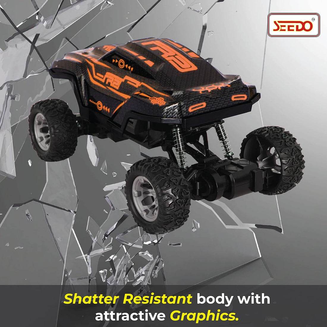 Seedo rechargeable remote control monster truck with shatter resistant body and bold orange graphics