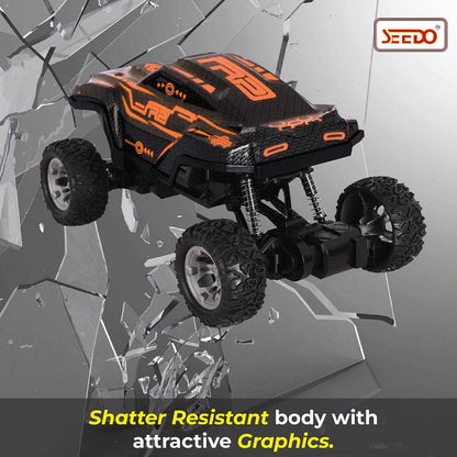 Seedo rechargeable remote control monster truck with shatter resistant body and bold orange graphics