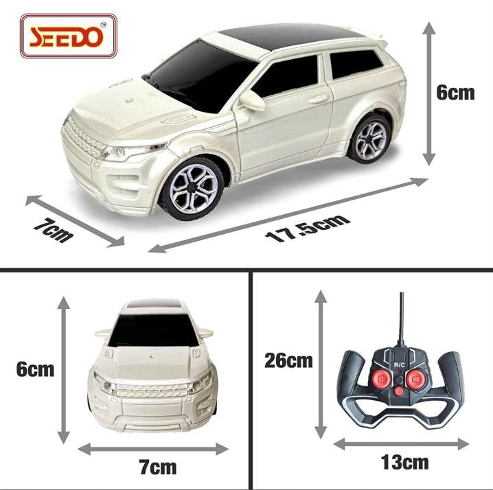 White rechargeable remote control SUV car with remote and dimensions showing 17.5cm by 7cm by 6cm