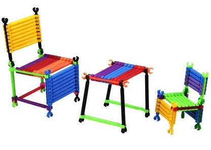 Colorful creative stick building blocks for kids assembled into two chairs and a table set