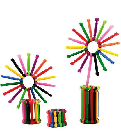Colorful creative stick building blocks for kids arranged in circular and stacked formations