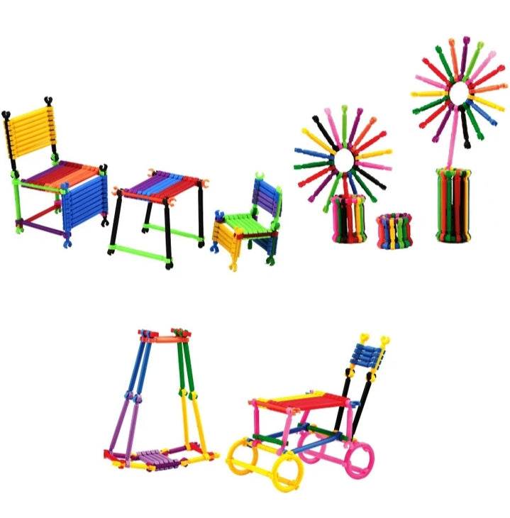 Colorful creative stick building blocks for kids assembled into chairs, table, flowers, and toy cart
