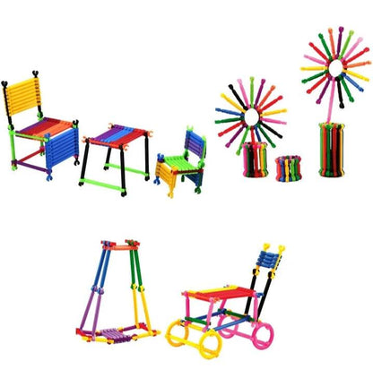 Colorful creative stick building blocks for kids assembled into chairs, table, flowers, and toy cart