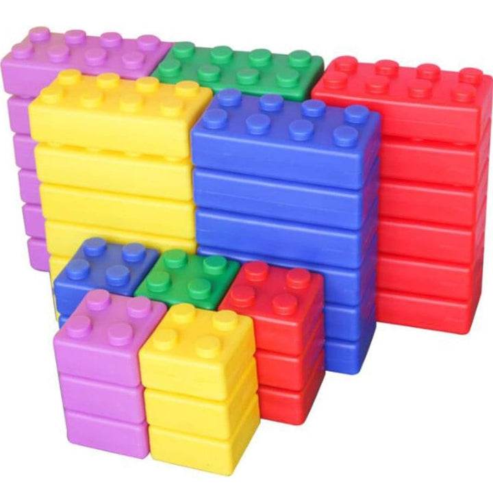 Colorful jumbo building blocks set with stacked red, blue, yellow, green, and purple pieces for creative play