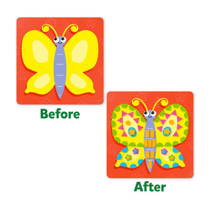 Skillmatics 3D animal craft set for kids showing before and after butterfly decoration