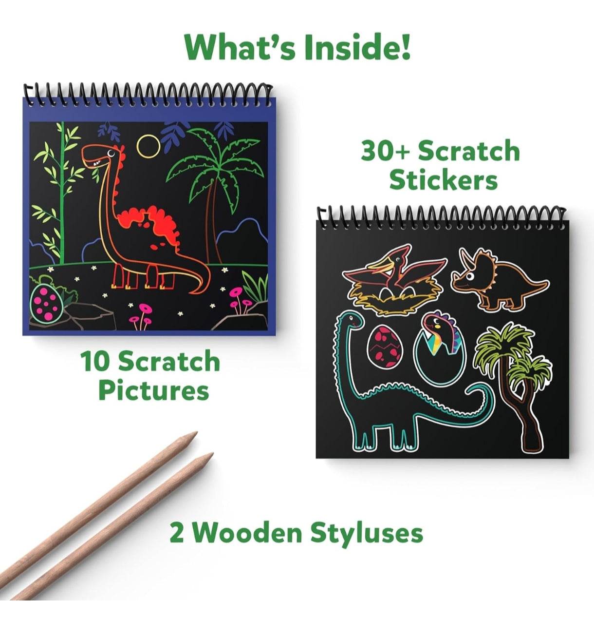 Animal craft kits for children including 10 scratch pictures, 30 plus scratch stickers, and 2 wooden styluses
