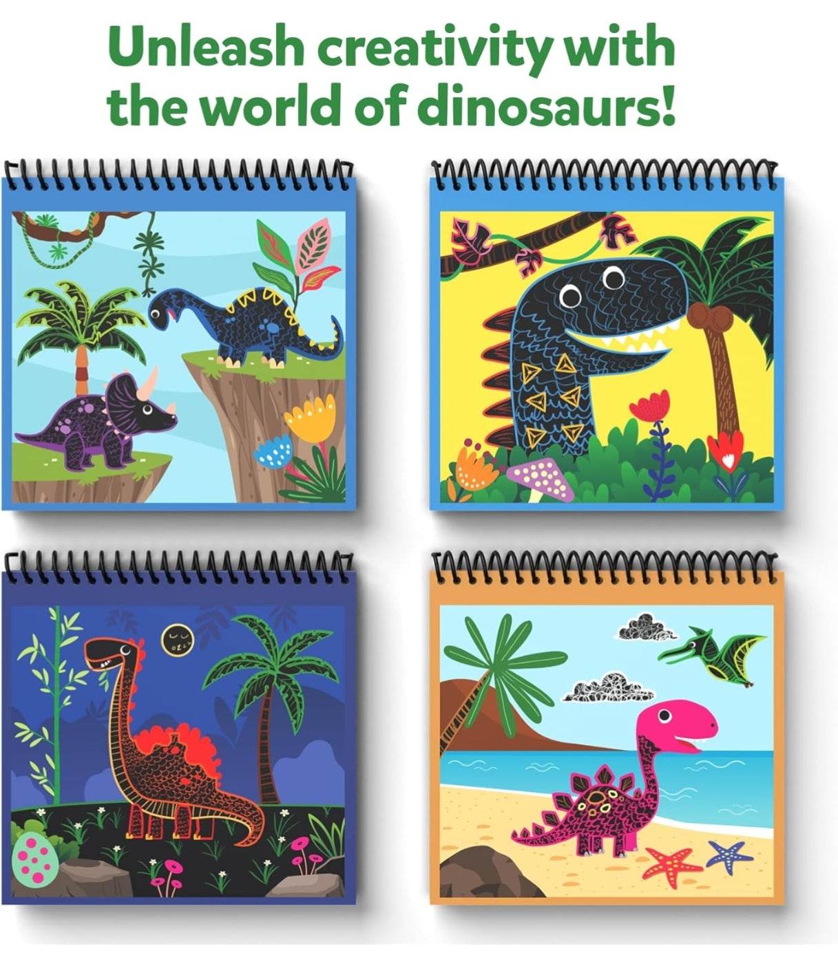 Colorful animal craft kits for children featuring creative dinosaur designs on spiral-bound pages