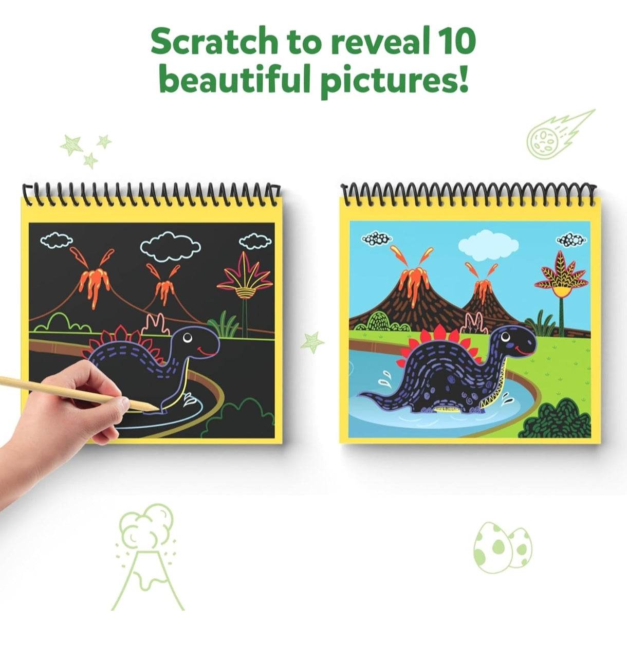 Animal craft kits for children featuring scratch art dinosaur pictures revealing colorful scenes