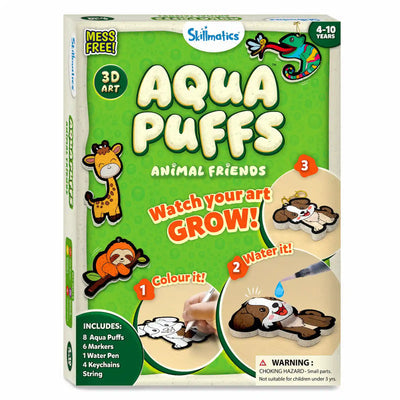 Skillmatics Aqua Puffs Animal Friends art set for ages 4-10 featuring colorful animal designs and mess-free fun