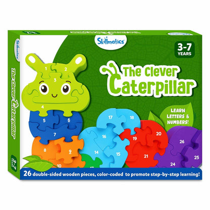 Caterpillar alphabet and number puzzle with 26 colorful double-sided wooden pieces for kids ages 3 to 7