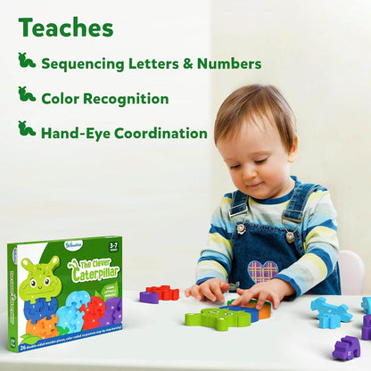 Child playing with caterpillar alphabet and number puzzle from T-Rex the toyland Sitamarhi teaching sequencing letters and numbers