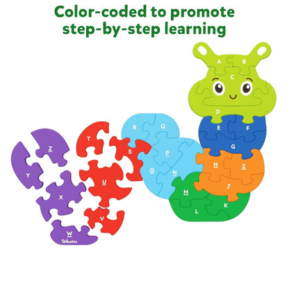 Color-coded caterpillar alphabet and number puzzle promoting step-by-step learning with bright colorful pieces