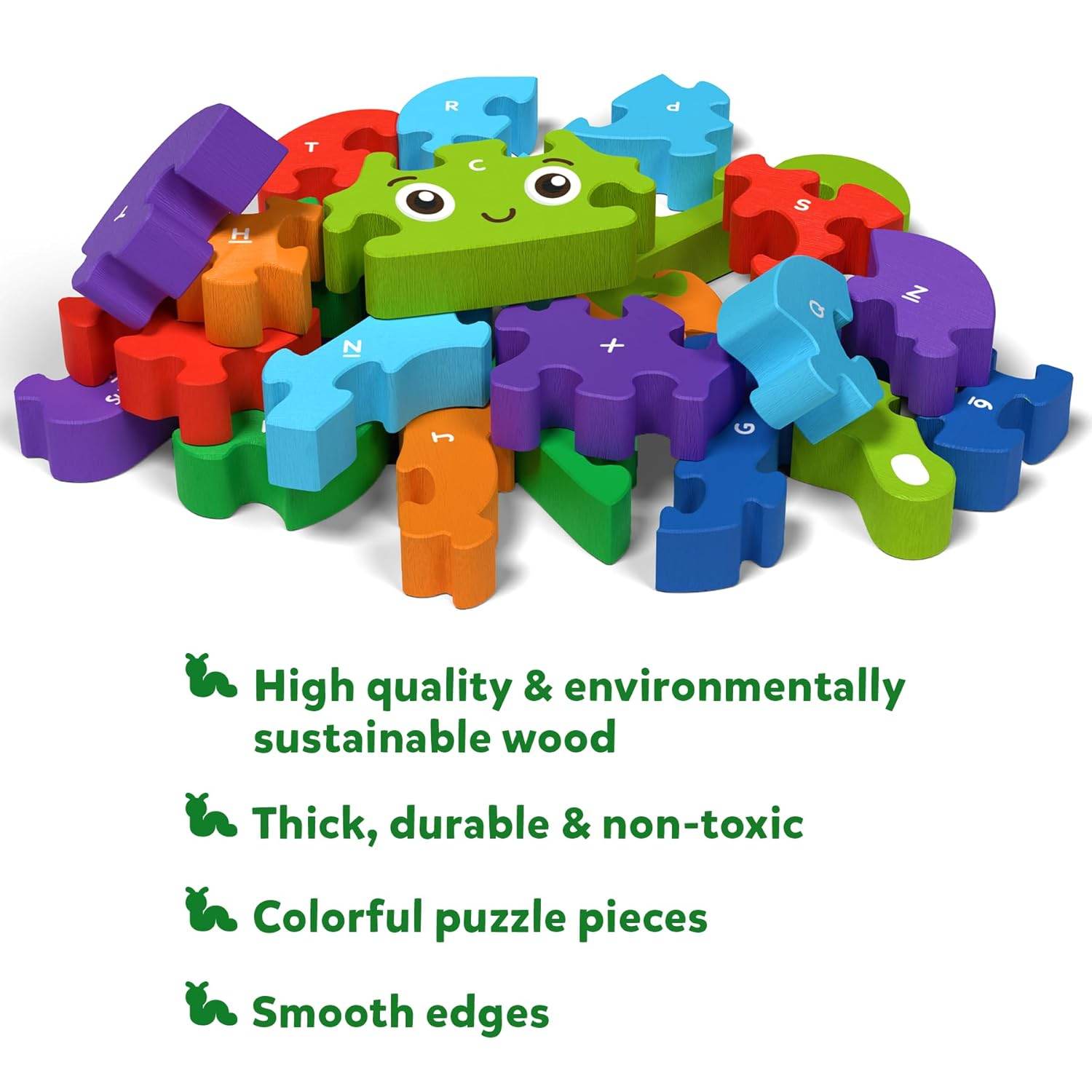 Colorful caterpillar alphabet and number puzzle made of high quality sustainable wood with smooth edges