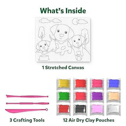 Colour with clay set for children featuring 1 stretched canvas, 12 air dry clay pouches, and 3 crafting tools