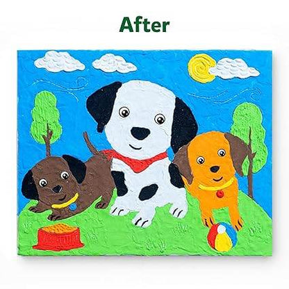 Colour with clay set for children showing three playful puppies on green grass with trees and blue sky