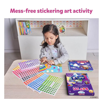 Child using Skillmatics Disney Princess sticker art kit with colorful dot stickers for mess-free stickering