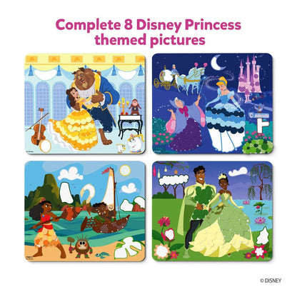 Skillmatics Disney Princess sticker art kit with four completed Disney Princess themed pictures