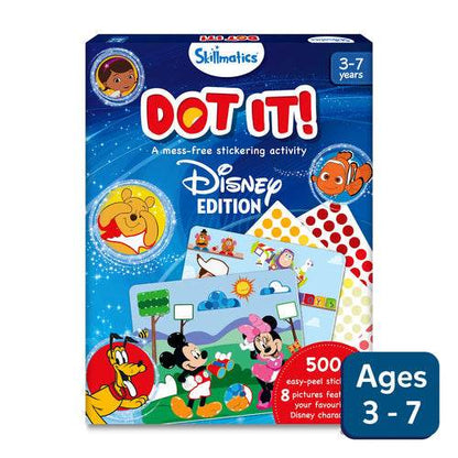 Skillmatics Dot it Disney edition featuring Disney characters and a Disney sticker art kit for kids ages 3 to 7