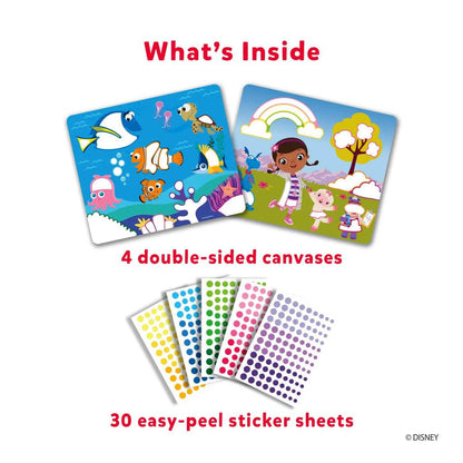 Disney sticker art kit for kids by Skillmatics with double-sided canvases and colorful easy-peel sticker sheets