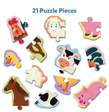 My First Puzzle Set Skillmatics with colorful animal puzzle pieces including cow, pig, horse, and chicken