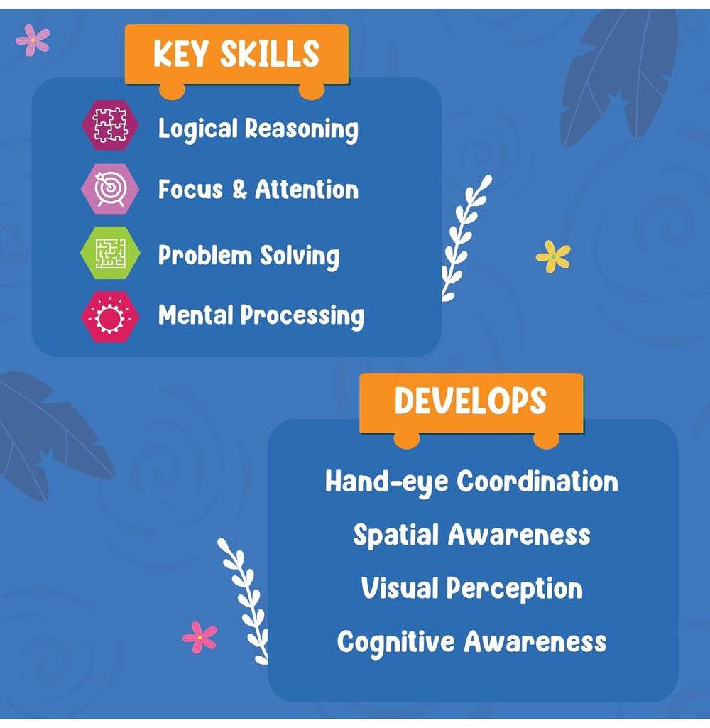 My First Puzzle Set Skillmatics key skills and development benefits with colorful icons on blue background