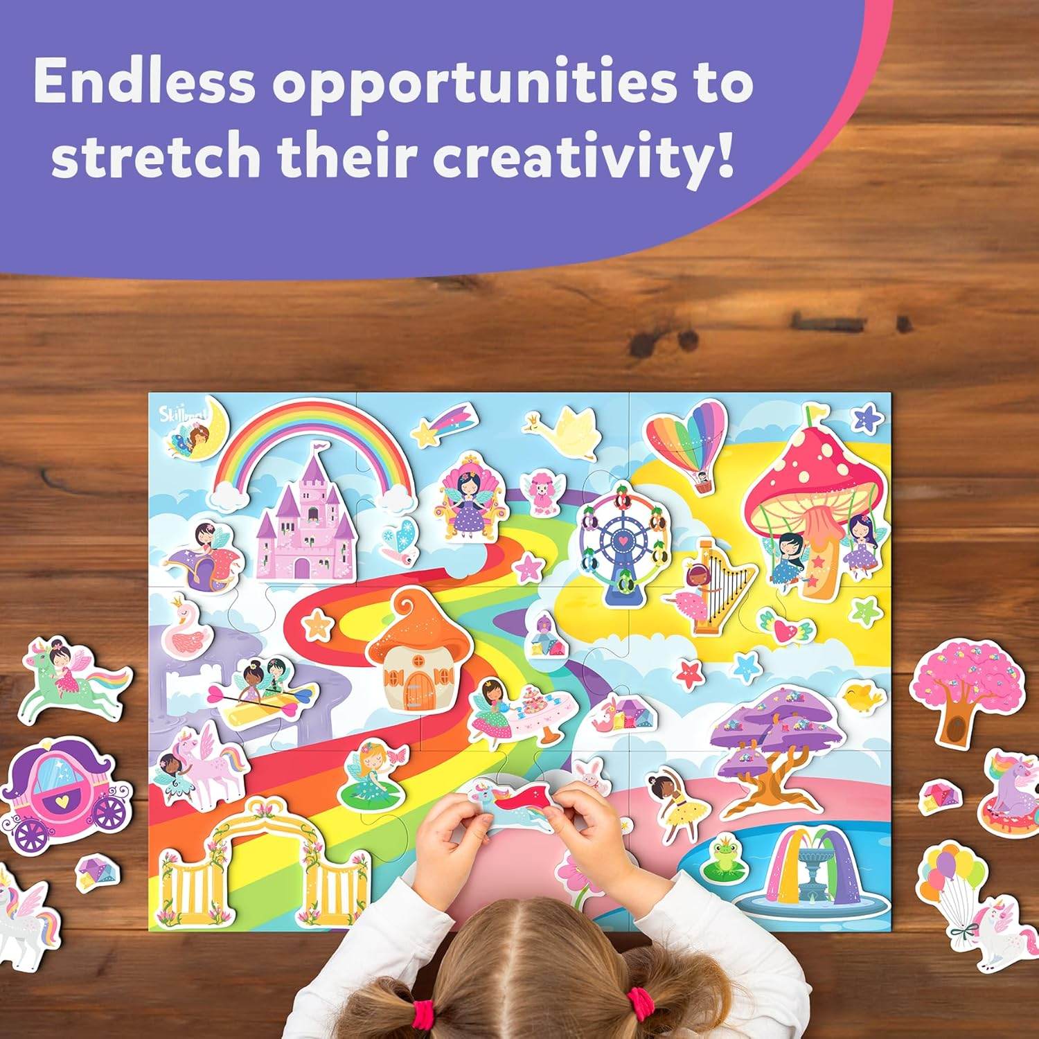 Child playing with princess and unicorn toys for toddlers on a colorful fantasy play mat